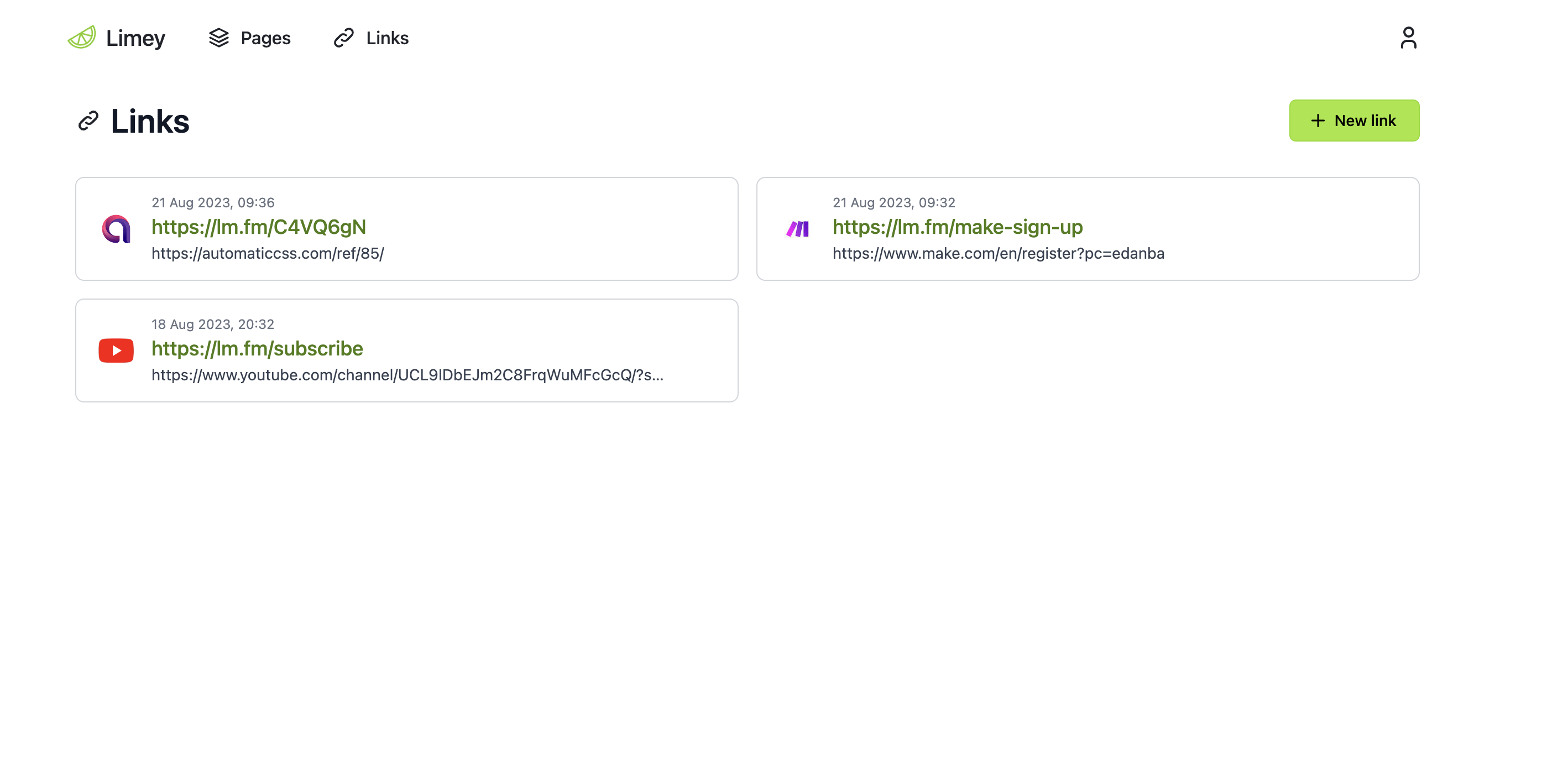 Limey link management dashboard